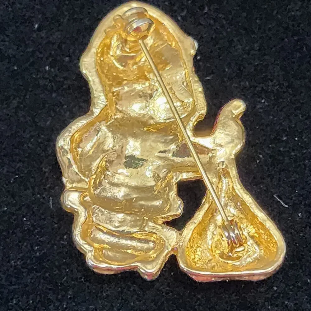 Santa Claus Carrying Toy Bag Brooch Gold Toned Red-White Enamel Detail Vintage